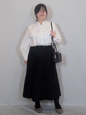 「index（インデックス）のフリルキーネックシャツ【洗濯機OK/イージーアイロン/防シワ】《XS～LL/7col》（シャツ/ブラウス、ホワイト系）」を使った、iori0305さん（レディース）の春コーディネート