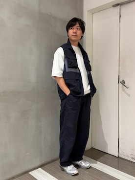 「EKAL（エカル）の『UR TECH/撥水/UVカット』ナイロンタッサー メッシュベスト（Vest、ブルー系）」を使った、mitsuyoshi.tさん（メンズ・170cm）の夏コーディネート