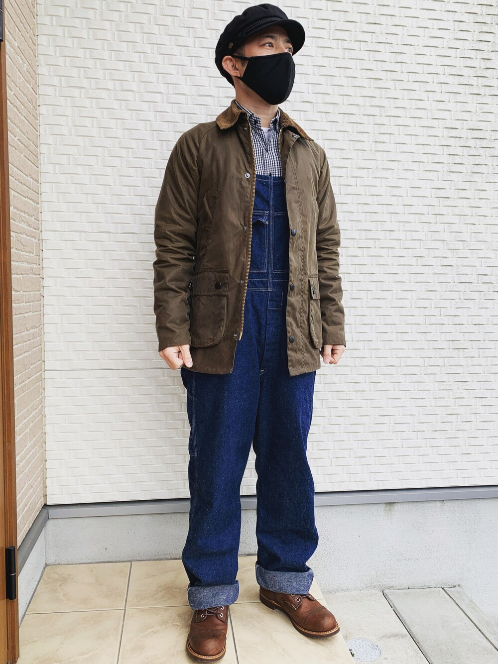 「お洒落さんとつながりたい、低身長コーデ、おしゃれさんと繋がりたい、バブアービデイル、オーバーオール」｜「BRIXTONのアイテム（帽子、ブラック系）」を使った、kstyle078さん（メンズ・164cm）の春コーディネートの1枚目の写真