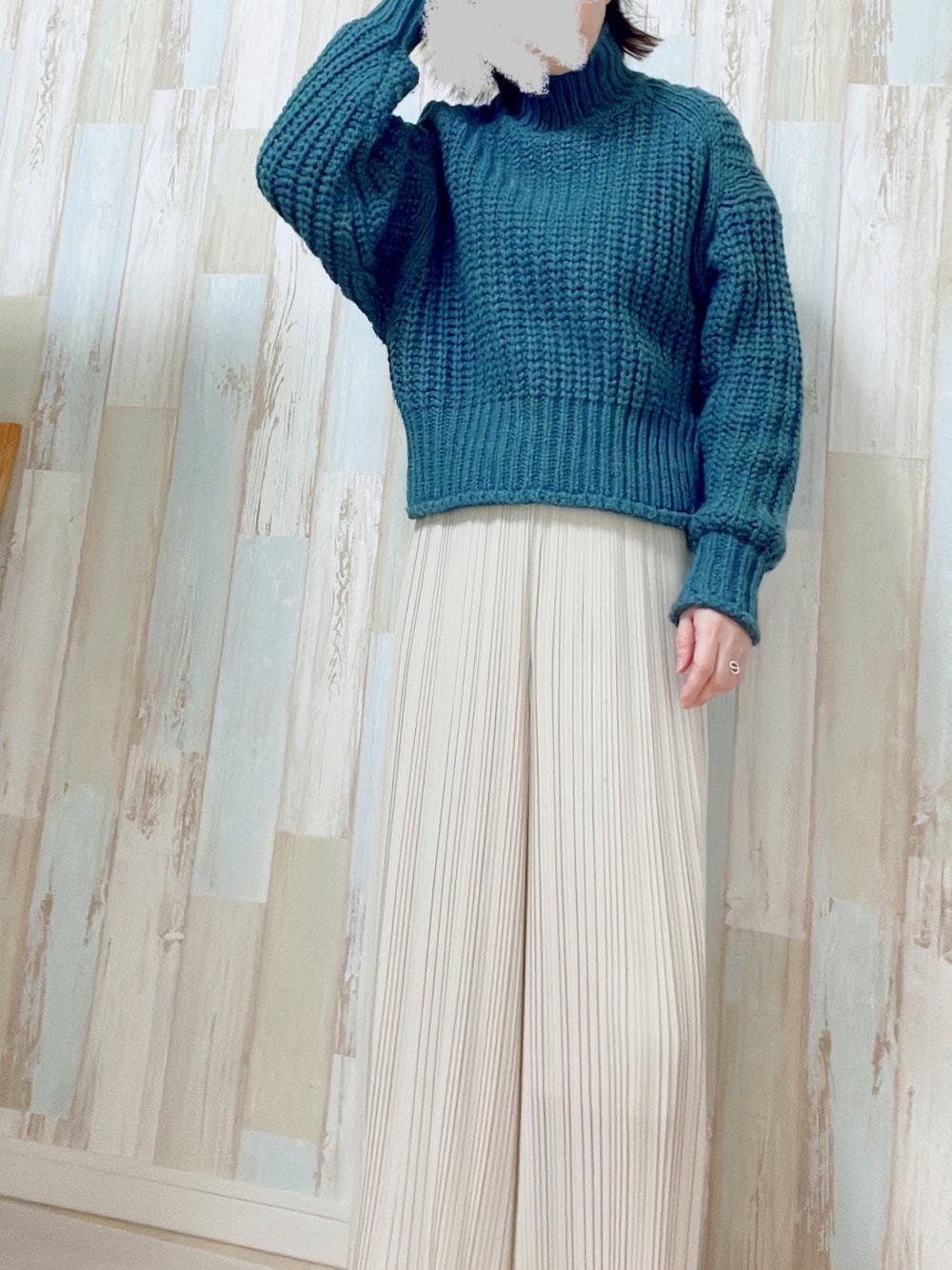 「ニット、休日スタイル、秋のコーデ、ニット/セーター、ママコーデ、プチプラ、H&M」｜「H&Mのアイテム（ニット/セーター、ブルー系）」を使った、☺︎♥♡Ree♡♥☺︎さん（レディース・152cm）の秋コーディネートの1枚目の写真