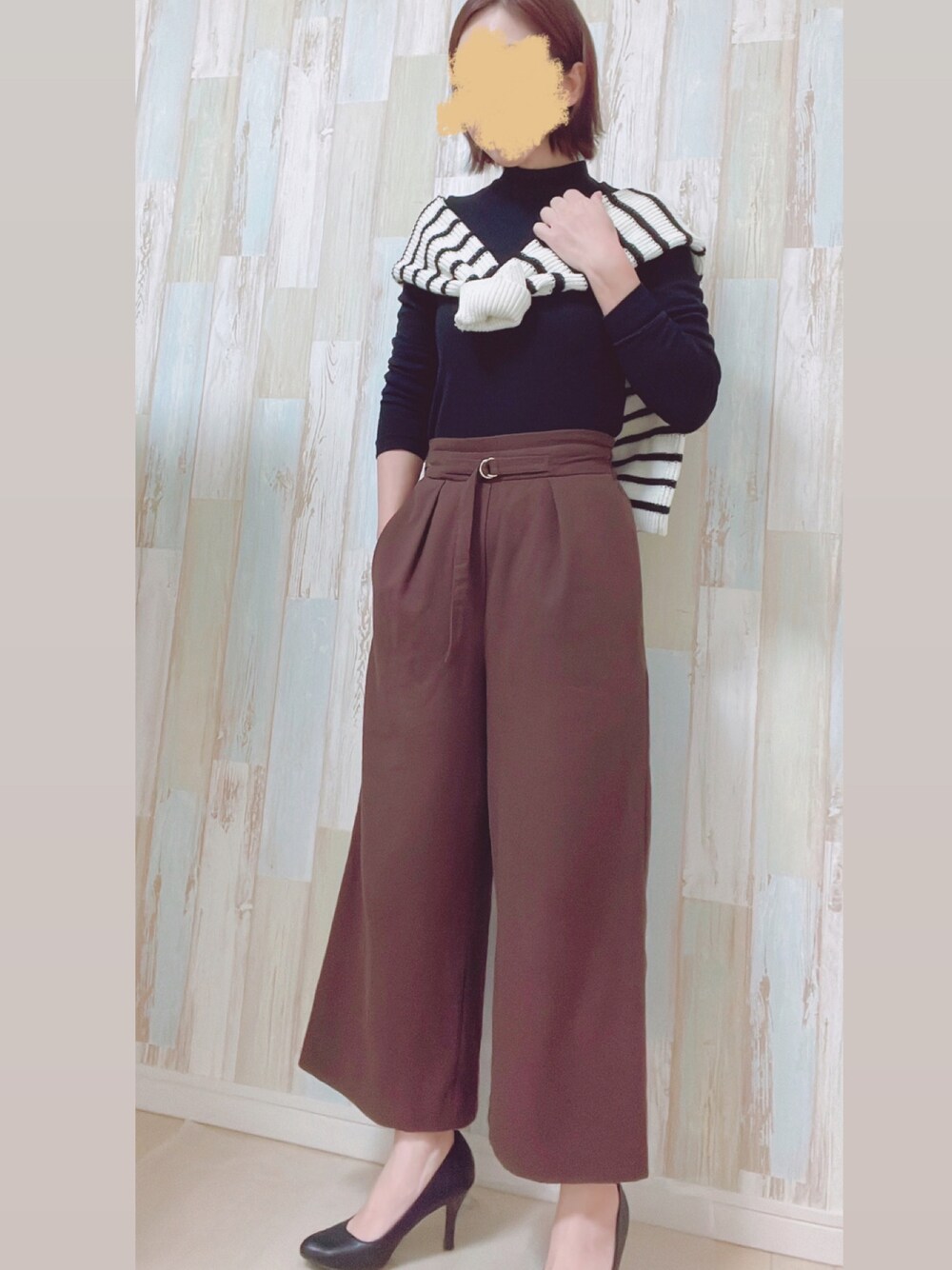 「ニット、秋のコーデ、ママコーデ、低身長コーデ、お洒落さんとつながりたい」｜「THE SHOP TK の◆ベルトワイドクロップドパンツ（その他パンツ、ブラウン系）」を使った、☺︎♥♡Ree♡♥☺︎さん（レディース・152cm）の秋コーディネートの1枚目の写真