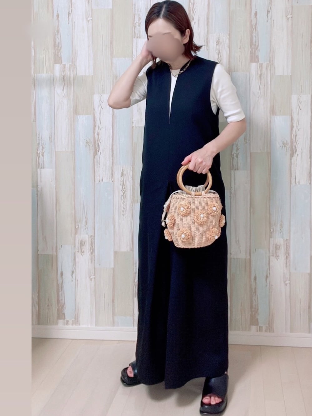「bonjour sagan、オールインワン、高見え、低身長コーデ、かごバッグ、ZARA」｜「ZARAのアイテム（かごバッグ、ベージュ系）」を使った、☺︎♥♡Ree♡♥☺︎さん（レディース・152cm）の夏コーディネートの1枚目の写真