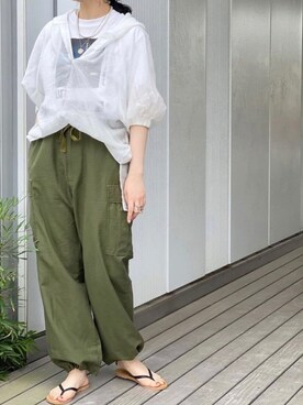 「Rie Miller（リエミラー）のアイテム（カーゴパンツ）」を使った、Rie Millerさん（レディース・160cm）の夏コーディネート