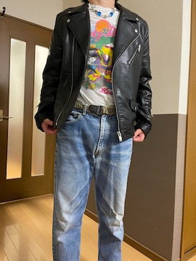 「大学生」｜「アイテム（ライダースジャケット）」を使った、tsubaki11.9さん（メンズ・173cm）の秋コーディネート