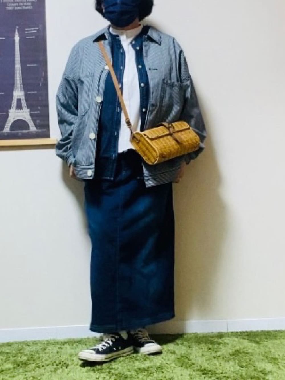 「春服みてみて、デニム、デニムオンデニム、デニムコーデ、ヒッコリー、デニムスカート、大人カジュアル、しまむら、GU、アラフィフ」｜「GUのアイテム（デニムジャケット、ブルー系）」を使った、hiratti53さん（レディース・159cm）の春コーディネートの1枚目の写真