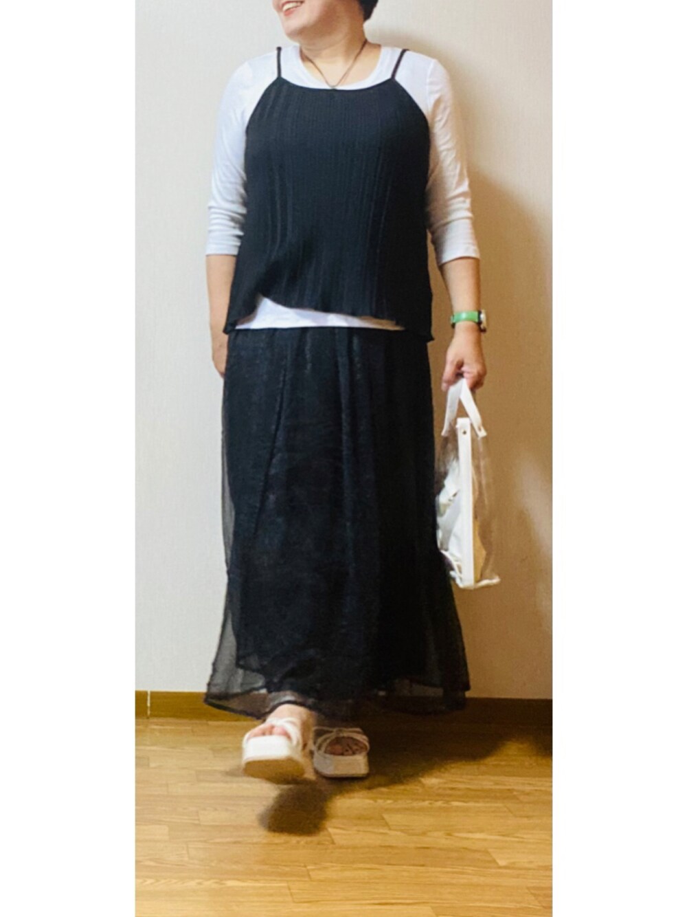 「夏コーデ、オトナカジュアル、オトナ女子、大人女子、アラフィフ、ぽっちゃり、大きいサイズ、プチプラ、プチプラコーデ、ビスチェ」｜「しまむらのアイテム（アンサンブル、ブラック系）」を使った、hiratti53さん（レディース・159cm）の夏コーディネートの1枚目の写真