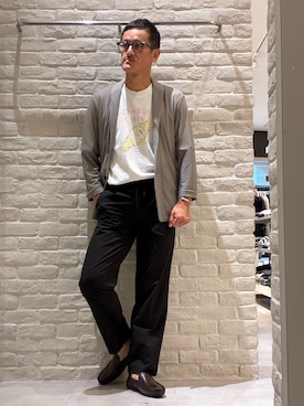 「alfredoBANNISTER（アルフレッドバニスター）のドライビング レザー シューズ（スリッポン、ブラウン系）」を使った、nobgさん（メンズ・171cm）の夏コーディネート