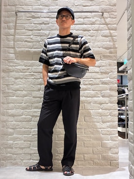 「alfredoBANNISTER（アルフレッドバニスター）の【一部店舗＋WEB限定】レザー調 素材切替 ウエストポーチ/ボディバッグ（ボディバッグ/ウエストポーチ、ブラック系）」を使った、nobgさん（メンズ・171cm）の春コーディネート