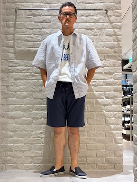 「alfredoBANNISTER（アルフレッドバニスター）の【26S/S berevere別注】エラスティック サマースリッポン（スリッポン、ブルー系）」を使った、nobgさん（メンズ・171cm）の夏コーディネート