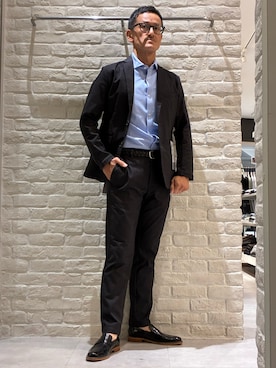 「alfredoBANNISTER（アルフレッドバニスター）の【SHOO IN SHOE】定番 コインローファー / ビジネスシューズ 一部店舗＋WEB限定（ローファー、ブラック系）」を使った、nobgさん（メンズ・171cm）の春コーディネート
