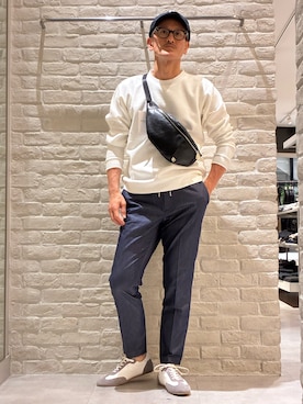 「alfredoBANNISTER（アルフレッドバニスター）の【一部店舗＋WEB限定】レザー調 素材切替 ウエストポーチ/ボディバッグ（ボディバッグ/ウエストポーチ、ブラック系）」を使った、nobgさん（メンズ・171cm）の春コーディネート