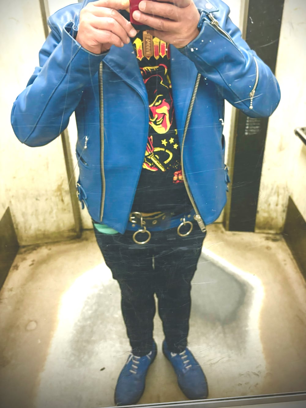 「punk、Dr.Martens、666、thedamned」｜「ordermadeのアイテム（ベルト、ブルー系）」を使った、koolfoolさん（メンズ・166cm）の春コーディネートの1枚目の写真