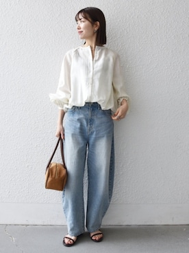「bon_meur（ボンミュール）のbon_meur:〈洗濯機可能〉コクーン シルエット デニム パンツ（デニムパンツ、ブルー系）」を使った、机さん（レディース・166cm）の春コーディネート