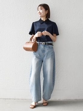 「bon_meur（ボンミュール）のbon_meur:〈洗濯機可能〉コクーン シルエット デニム パンツ（デニムパンツ、ブルー系）」を使った、机さん（レディース・166cm）の春コーディネート