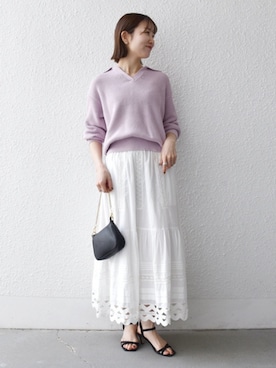 「SHIPS any（シップス エニィ）のSHIPS any:〈手洗い可能〉コットン ミックス スキッパー ポロ ニット プルオーバー（ニット/セーター、パープル系）」を使った、机さん（レディース・166cm）の春コーディネート