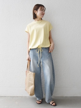 「bon_meur（ボンミュール）のbon_meur:〈洗濯機可能〉コクーン シルエット デニム パンツ（デニムパンツ、ブルー系）」を使った、机さん（レディース・166cm）の春コーディネート