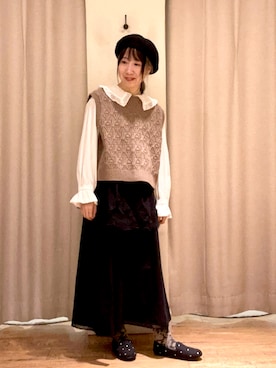 「ガーリーコーデ」｜「アイテム（ハンチング/ベレー帽）」を使った、きのぴーさん（レディース・157cm）の秋コーディネート