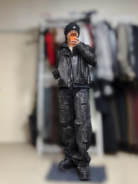 「アイテム（ライダースジャケット）」を使った、きらさん（メンズ・162cm）の冬コーディネート