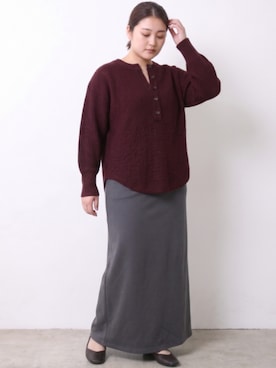 「CHIC STYLE（シックスタイル）の畦編みヘンリーネックニットプルオーバー＜大きいサイズ有＞シックスタイル（ニット/セーター、レッド系）」を使った、ニッセンスタッフ(nissen5)さん（レディース・160cm）の秋コーディネート