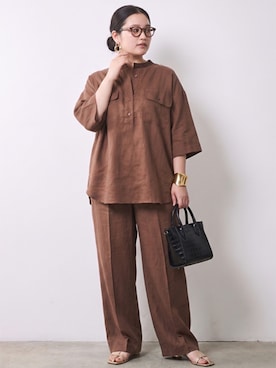 「CHIC STYLE（シックスタイル）の【セットアップ対応】衿リブハーフスリーブブラウス＜大きいサイズ有＞シックスタイル（シャツ/ブラウス、ブラウン系）」を使った、ニッセンスタッフ(nissen5)さん（レディース・160cm）の春コーディネート