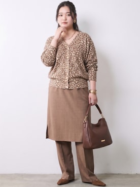 「CHIC STYLE（シックスタイル）のレオパードプリントＶネックニットカーディガン＜大きいサイズ有＞シックスタイル（カーディガン/ボレロ、ブラウン系）」を使った、ニッセンスタッフ(nissen5)さん（レディース・160cm）の夏コーディネート