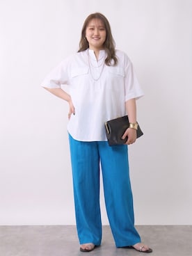 「CHIC STYLE（シックスタイル）の【セットアップ対応】衿リブハーフスリーブブラウス＜大きいサイズ有＞シックスタイル（シャツ/ブラウス、ホワイト系）」を使った、ニッセンスタッフ(nissen5)さん（レディース・160cm）の春コーディネート