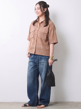 「CHIC STYLE（シックスタイル）の綿100％ワイドルーズデニムパンツ＜大きいサイズ有＞シックスタイル（デニムパンツ、ブルー系）」を使った、ニッセンスタッフ(nissen5)さん（レディース・160cm）の春コーディネート
