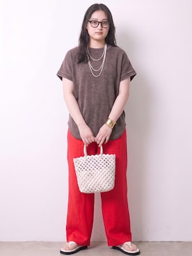 「CHIC STYLE（シックスタイル）のレーヨン麻リラックスワイドパンツ＜大きいサイズ有＞シックスタイル（スラックス、レッド系）」を使った、ニッセンスタッフ(nissen5)さん（レディース・160cm）の春コーディネート