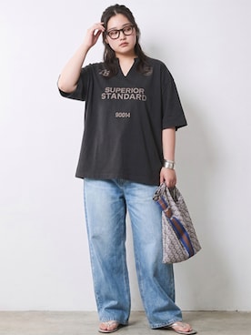 「CHIC STYLE（シックスタイル）の綿100％ワイドルーズデニムパンツ＜大きいサイズ有＞シックスタイル（デニムパンツ、ブルー系）」を使った、ニッセンスタッフ(nissen5)さん（レディース・160cm）の春コーディネート