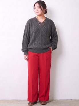 「CHIC STYLE（シックスタイル）のカラーワイドパンツ＜大きいサイズ有＞シックスタイル（その他パンツ、レッド系）」を使った、ニッセンスタッフ(nissen5)さん（レディース・160cm）の秋コーディネート