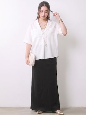 「CHIC STYLE（シックスタイル）のテーラードチュニックブラウス＜大きいサイズ有＞シックスタイル（シャツ/ブラウス、ホワイト系）」を使った、ニッセンスタッフ(nissen5)さん（レディース・160cm）の春コーディネート