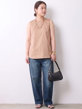 「CHIC STYLE（シックスタイル）の綿100％ワイドルーズデニムパンツ＜大きいサイズ有＞シックスタイル（デニムパンツ、ブルー系）」を使った、ニッセンスタッフ(nissen5)さん（レディース・160cm）の春コーディネート