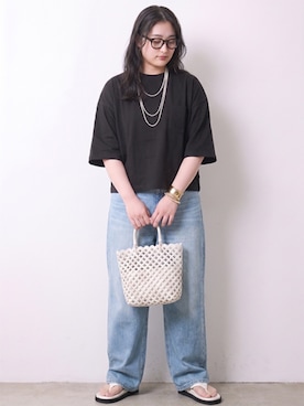 「CHIC STYLE（シックスタイル）の綿100％ワイドルーズデニムパンツ＜大きいサイズ有＞シックスタイル（デニムパンツ、ブルー系）」を使った、ニッセンスタッフ(nissen5)さん（レディース・160cm）の春コーディネート