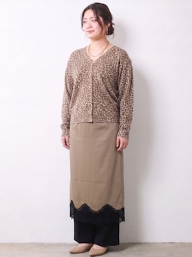 「CHIC STYLE（シックスタイル）のレオパードプリントＶネックニットカーディガン＜大きいサイズ有＞シックスタイル（カーディガン/ボレロ、ブラウン系）」を使った、ニッセンスタッフ(nissen5)さん（レディース・160cm）の秋コーディネート