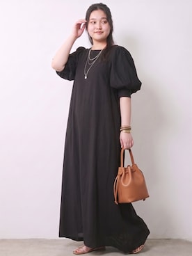 「CHIC STYLE（シックスタイル）のレーヨン麻パフスリーブロングワンピース＜大きいサイズ有＞シックスタイル（ワンピース、ブラック系）」を使った、ニッセンスタッフ(nissen5)さん（レディース・160cm）の春コーディネート