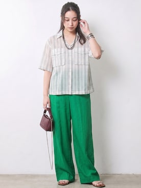 「CHIC STYLE（シックスタイル）のシアーチェックショート丈ブラウス＜大きいサイズ有＞シックスタイル（シャツ/ブラウス、ホワイト系）」を使った、ニッセンスタッフ(nissen5)さん（レディース・160cm）の春コーディネート