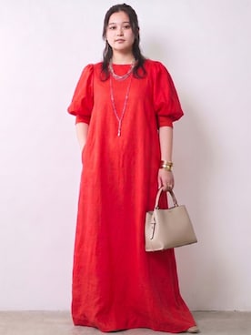 「CHIC STYLE（シックスタイル）のレーヨン麻パフスリーブロングワンピース＜大きいサイズ有＞シックスタイル（ワンピース、レッド系）」を使った、ニッセンスタッフ(nissen5)さん（レディース・160cm）の春コーディネート