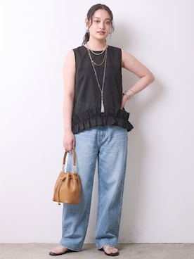 「CHIC STYLE（シックスタイル）の綿100％ワイドルーズデニムパンツ＜大きいサイズ有＞シックスタイル（デニムパンツ、ブルー系）」を使った、ニッセンスタッフ(nissen5)さん（レディース・160cm）の春コーディネート