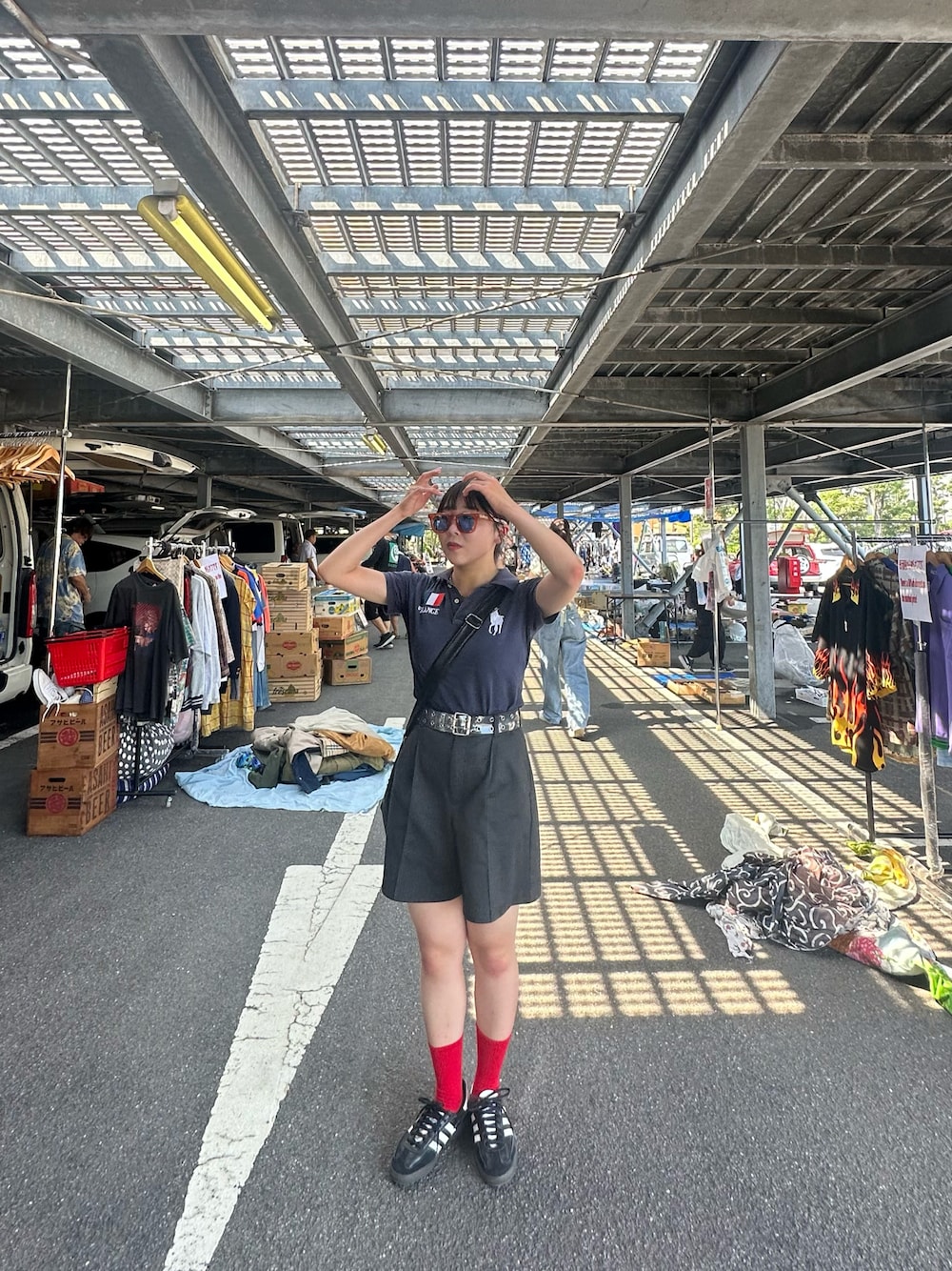 「フリマ、大井競馬場、シティーガール、スポーティー、ラルフローレン、サングラス、ポロラルフローレン、あかいくつした」｜「GUのアイテム（その他パンツ、ブラック系）」を使った、𝐊𝐨𝐧𝐨𝐦𝐢さん（骨格ストレート・レディース・153cm）の夏コーディネートの1枚目の写真