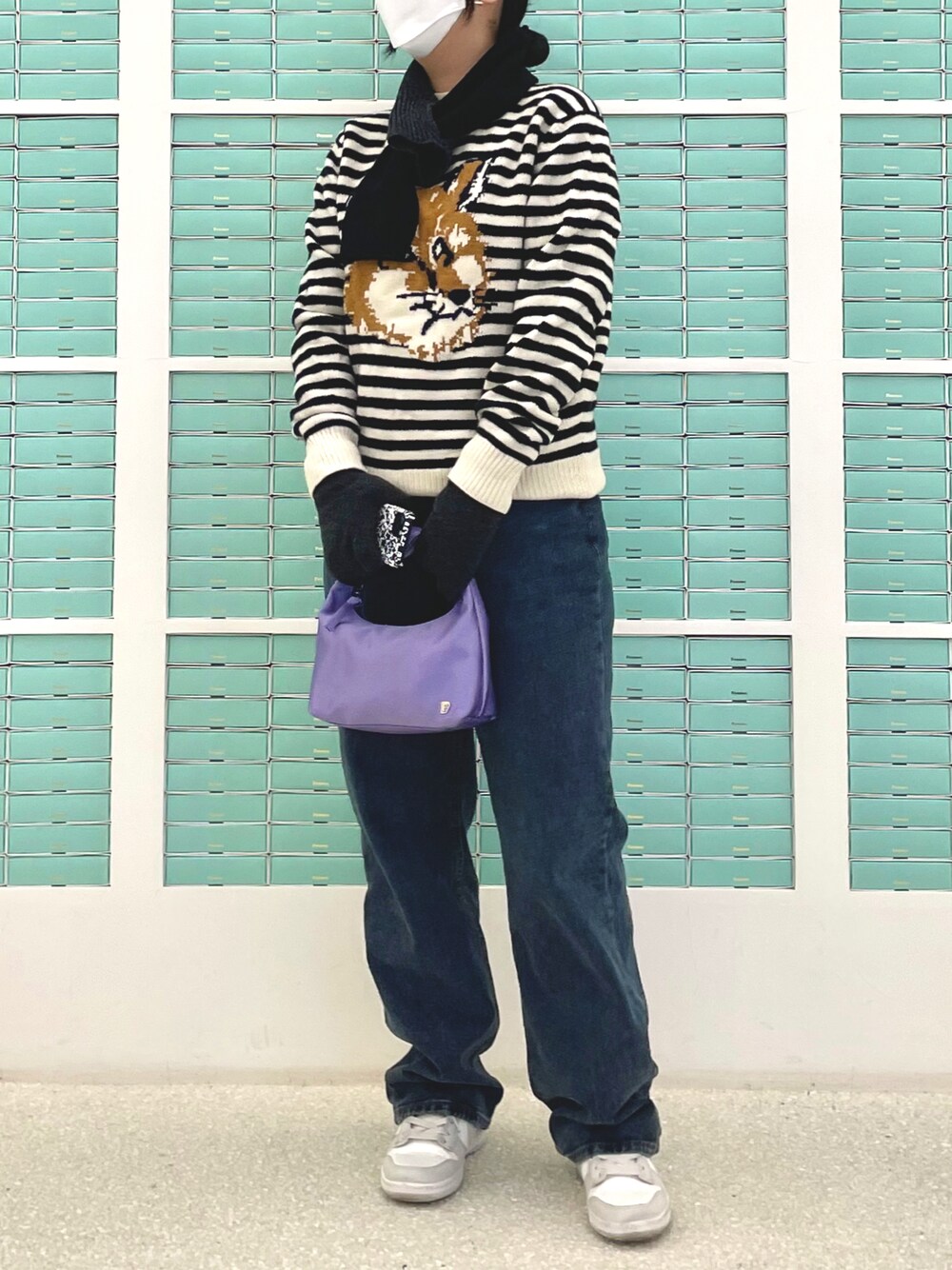 「fennec、winter、totebag、gloves、seoul、konvini、韓国、韓国ブランド、韓国ファッション、韓国通販、冬コーデ」｜「FENNECの【FENNEC 】ファブリックノットバッグ / FENNEC FABRIC KNOT BAG（ハンドバッグ、パープル系）」を使った、fennecseoulさん（レディース・160cm）の冬コーディネートの1枚目の写真