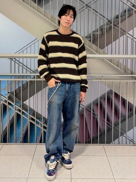 「BEAMS T（ビームスティー）のC.E / STRIPE LOOSE WAFFLE KNIT（ニット/セーター、ブラウン系）」を使った、BEAMS Tさん（メンズ・166cm）の秋コーディネート