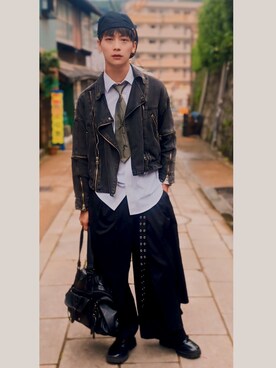 「ZOZOMARKET（ゾゾマーケット）のアイテム（チノパンツ、ブラック系）」を使った、lama221さん（メンズ・179cm）の夏コーディネート