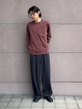 「ITEMS URBANRESEARCH（アイテムズ アーバンリサーチ）のダブルフェイス裏配色長袖カットソー（Tシャツ/カットソー、ブラウン系）」を使った、Shiragami Harutoさん（メンズ・175cm）の春コーディネート