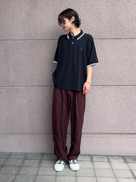 「ITEMS URBANRESEARCH（アイテムズ アーバンリサーチ）のU.S. POLO ASSN　カノコポロシャツ（ポロシャツ、ブラック系）」を使った、白上 悠人さん（メンズ・175cm）の夏コーディネート