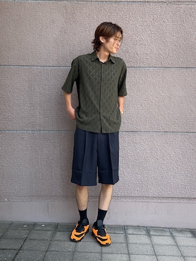 「ITEMS URBANRESEARCH（アイテムズ アーバンリサーチ）のジオメレース レギュラーカラー 半袖シャツ（シャツ/ブラウス、グリーン系）」を使った、白上 悠人さん（メンズ・175cm）の夏コーディネート