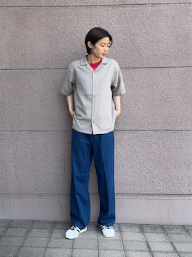 「ITEMS URBANRESEARCH（アイテムズ アーバンリサーチ）のサマーツイード オープンカラー半袖シャツ（シャツ/ブラウス、ブラウン系）」を使った、Shiragami Harutoさん（メンズ・175cm）の春コーディネート
