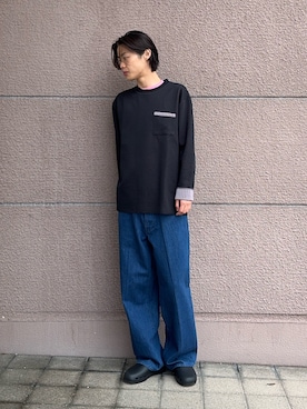 「ITEMS URBANRESEARCH（アイテムズ アーバンリサーチ）の裏ストライプダンボールカットソー（Tシャツ/カットソー、ブラック系）」を使った、Shiragami Harutoさん（メンズ・175cm）の春コーディネート