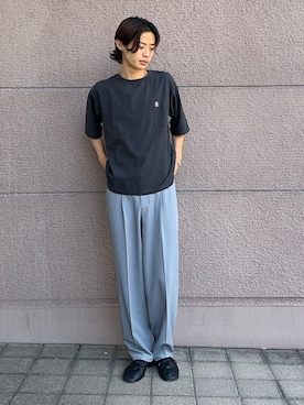 「ITEMS URBANRESEARCH（アイテムズ アーバンリサーチ）の『吸水速乾』フレンチリネン×COOLMAX フハクTシャツ（Tシャツ/カットソー、ブラック系）」を使った、白上 悠人さん（メンズ・175cm）の夏コーディネート
