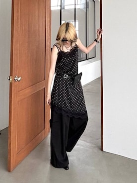「PAGEBOY（ページボーイ）のレース×ドットキャミワンピース（チュニック、ブラック系）」を使った、カワさん（レディース・163cm）の夏コーディネート