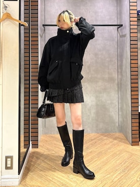 「PAGEBOY（ページボーイ）のベルトエンジニアロングブーツ 【美脚/脚長効果UP】（ブーツ、ブラック系）」を使った、カワさん（レディース・163cm）の秋コーディネート